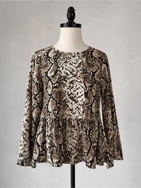 Women's Snake Print Peplum Long Sleeve Top - Brown